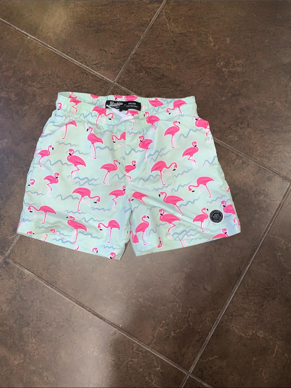 Brooklyn Cloth Mint Swim Trunks with Pink Flamingo Print
